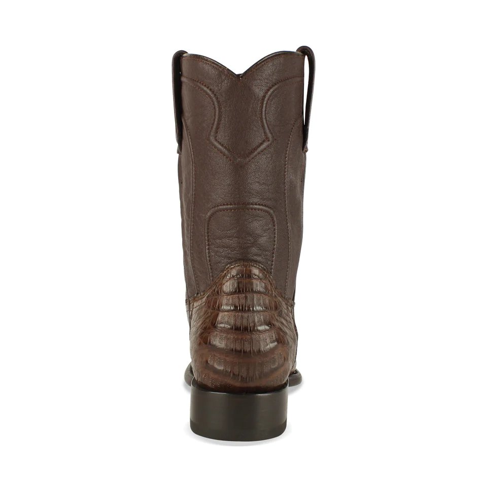 Western Genuine Caiman Belly Round Toe Roper Boots Brown Color - Los Altos Boots - Back View