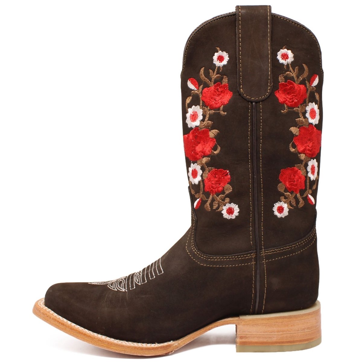 Botas de Cuero Acabado Nobuck para Dama con Bordado Cafe ROD-41507 - Rodeo Imports
