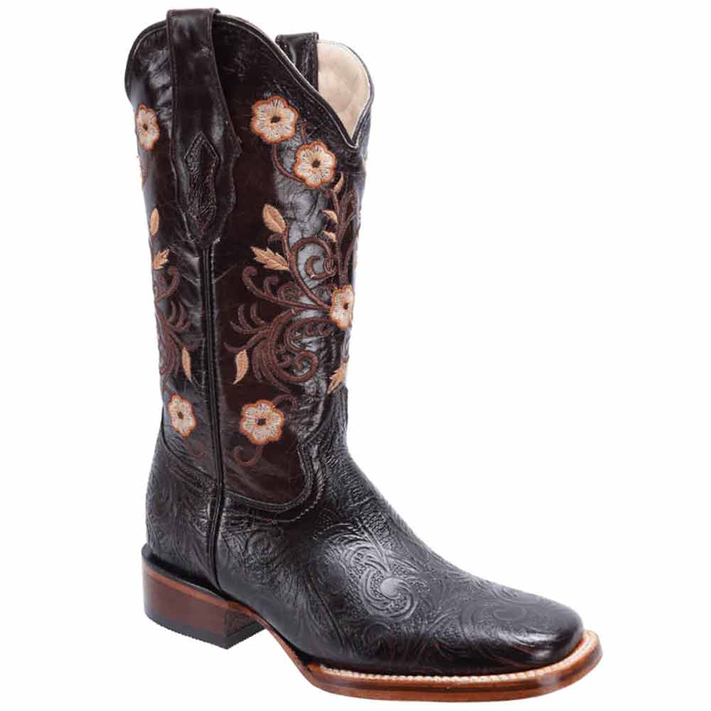 Botas de Cuero Cincelado Horma Rodeo para Mujer Color Cafe JB-16-09CAF - Joe Boots