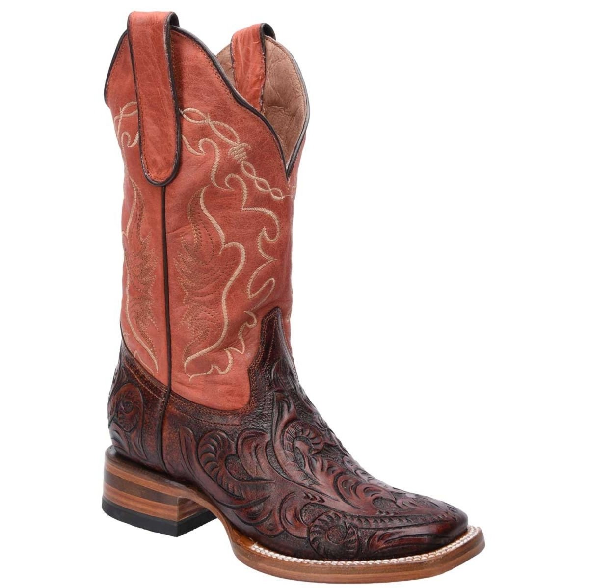 Botas de Cuero Cincelado Horma Rodeo para Mujer Color Cognac WD-510 - White Diamonds Boots
