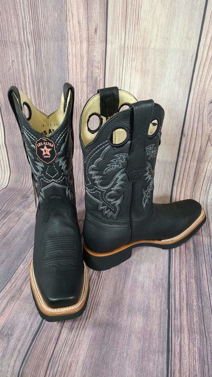 Western Genuine Leather Square Wide Toe Rodeo Boots Black Color – Los Altos Boots – Pair View