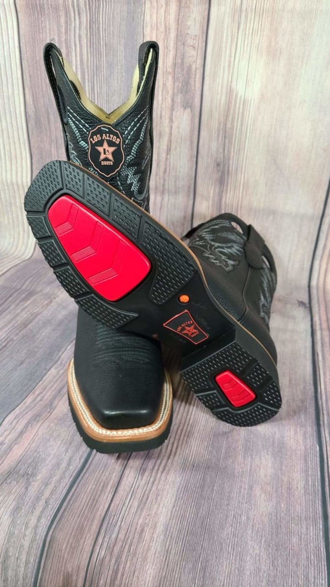 Western Genuine Leather Square Wide Toe Rodeo Boots Black Color – Los Altos Boots – Pair View