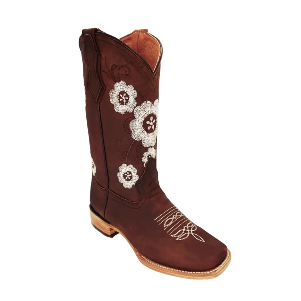 Botas de Cuero Crazy para Dama Color Caoba con Flores Blancas - LA CARRETA