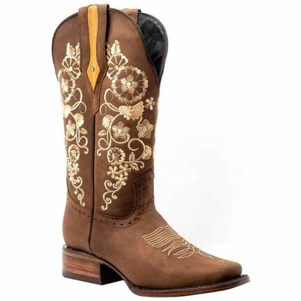 Botas de Cuero Horma Rodeo para Mujer Color Cafe con Girasoles JB-1501CAF - Joe Boots