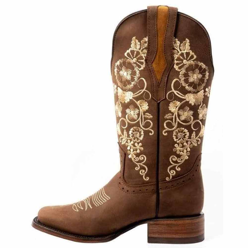 Botas de Cuero Horma Rodeo para Mujer Color Cafe con Girasoles JB-1501CAF - Joe Boots
