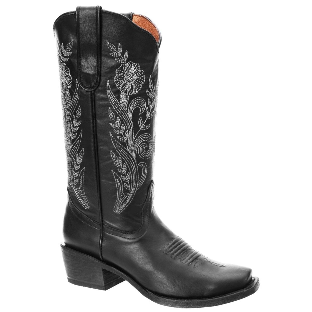 Botas de Cuero Horma Rodeo para Mujer Color Negro con Flores WD-515 - White Diamonds Boots