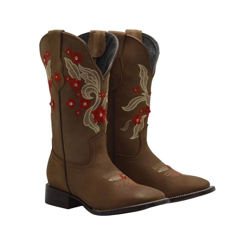 Botas de Cuero Horma Rodeo para Mujer Color Oryx con Flores Rojas JB-1606 - Joe Boots