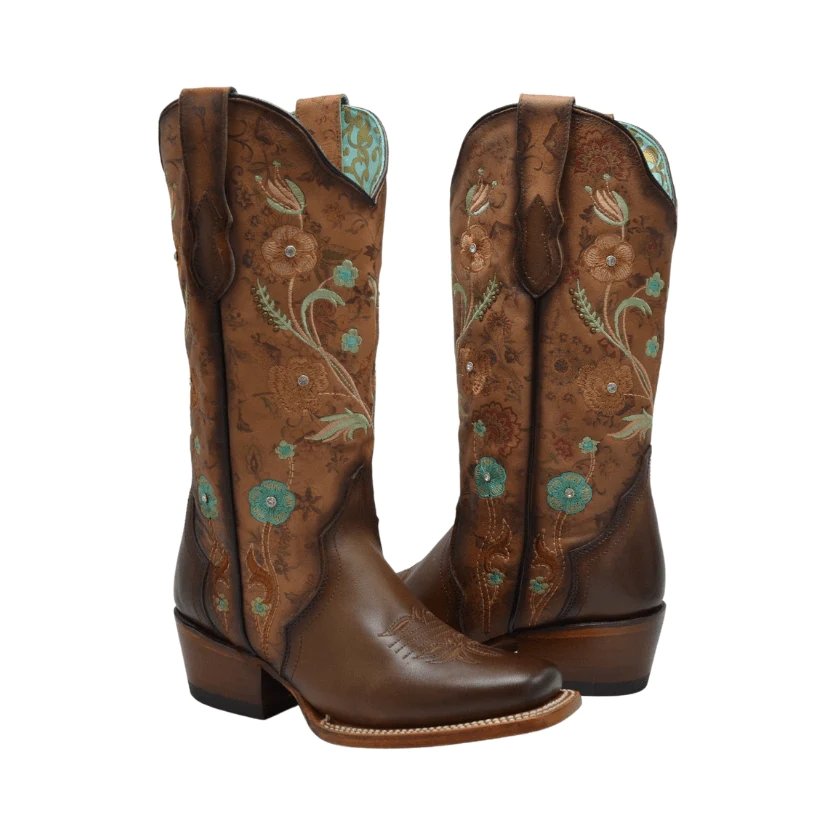 Botas de Cuero Horma Rodeo para Mujer Color Tan con Flores Piedra Swarovski JB-PAC1TAN - Joe Boots