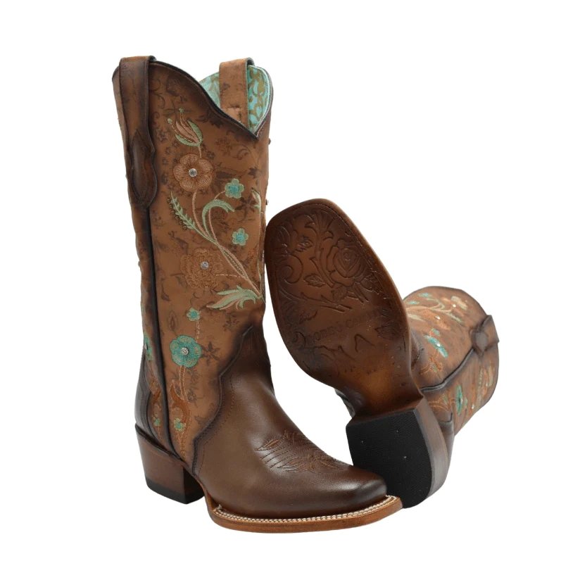 Botas de Cuero Horma Rodeo para Mujer Color Tan con Flores Piedra Swarovski JB-PAC1TAN - Joe Boots
