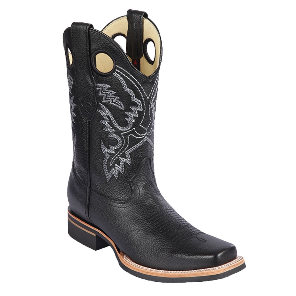 Western Genuine Leather Square Wide Toe Rodeo Boots Black Color – Los Altos Boots – Side View