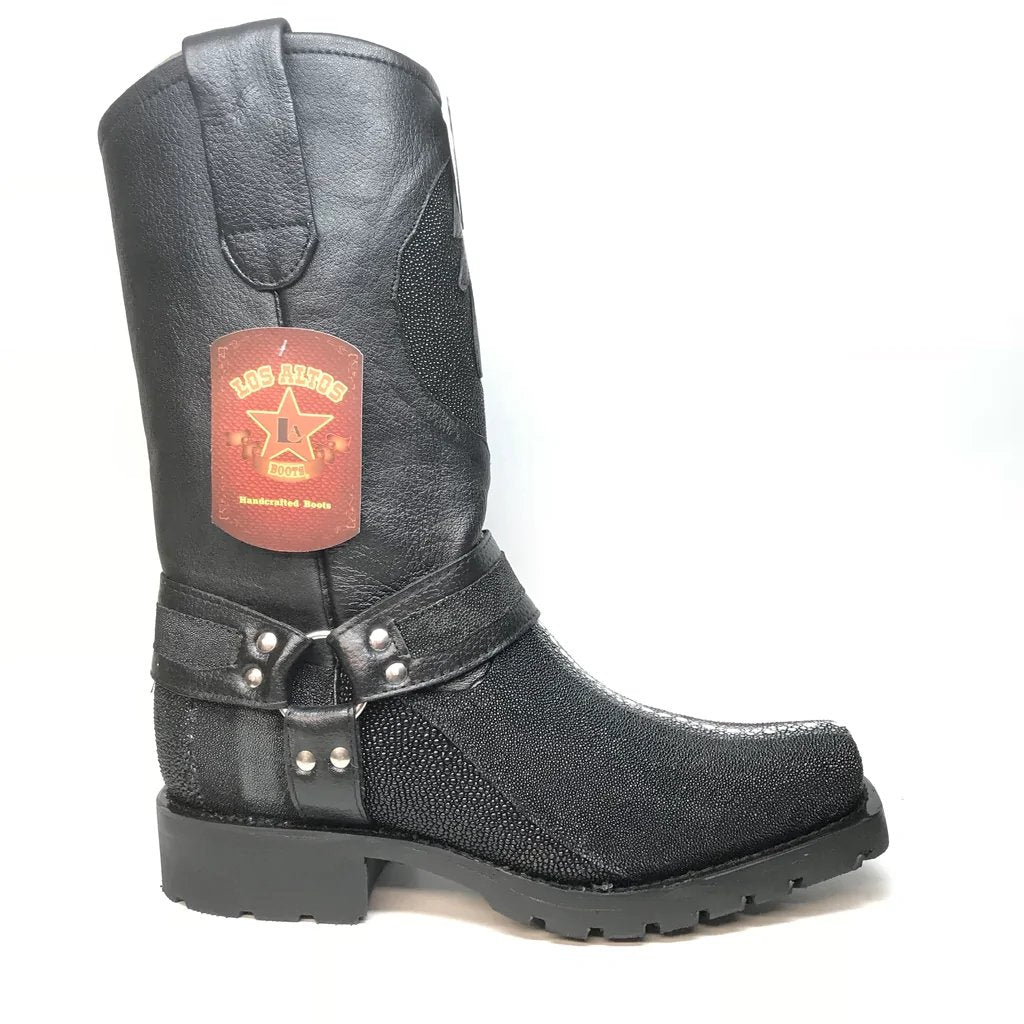 Genuine Stingray Row Stone Square Toe Biker Boots Black Color – Los Altos Boots – Side View