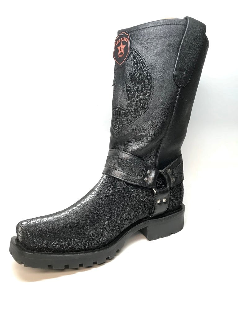 Genuine Stingray Row Stone Square Toe Biker Boots Black Color – Los Altos Boots – Side View