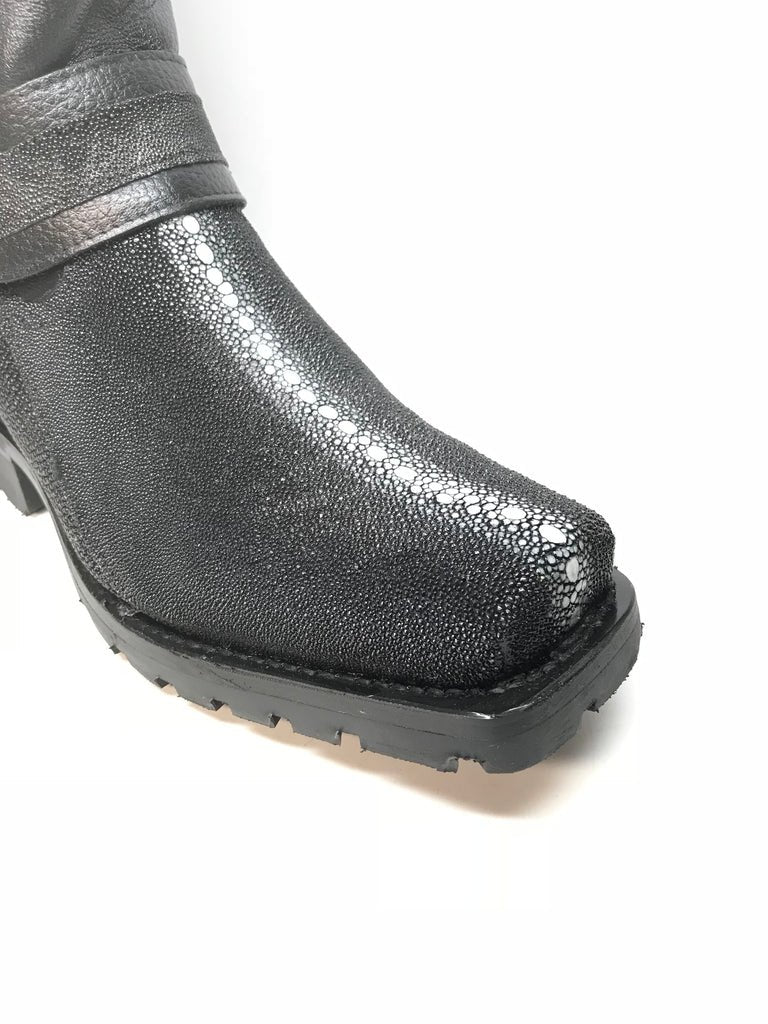 Genuine Stingray Row Stone Square Toe Biker Boots Black Color – Los Altos Boots – Side Toe View