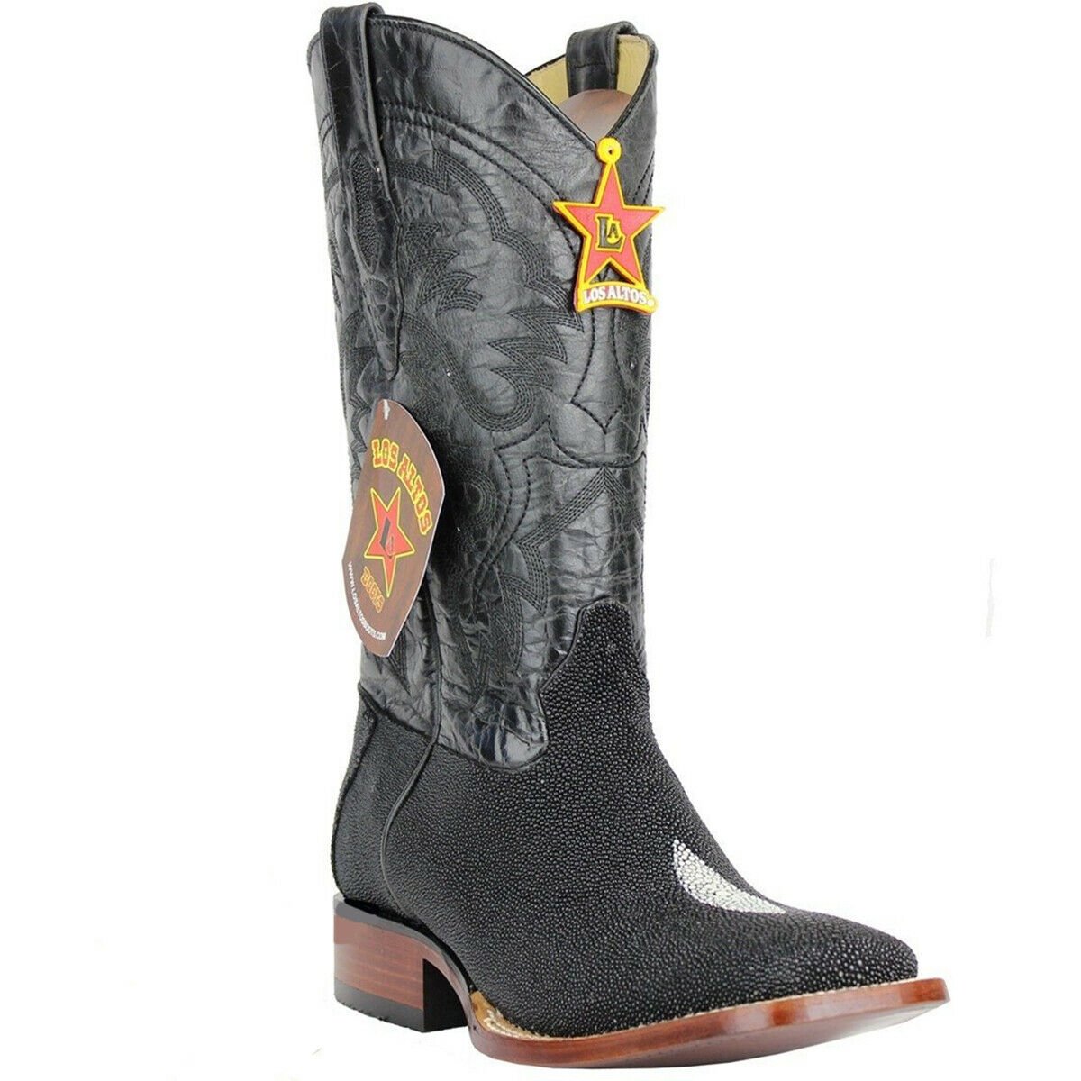 Western Genuine Stingray Single Stone Square Wide Toe Rodeo Boots Black Color – Los Altos Boots – Side View