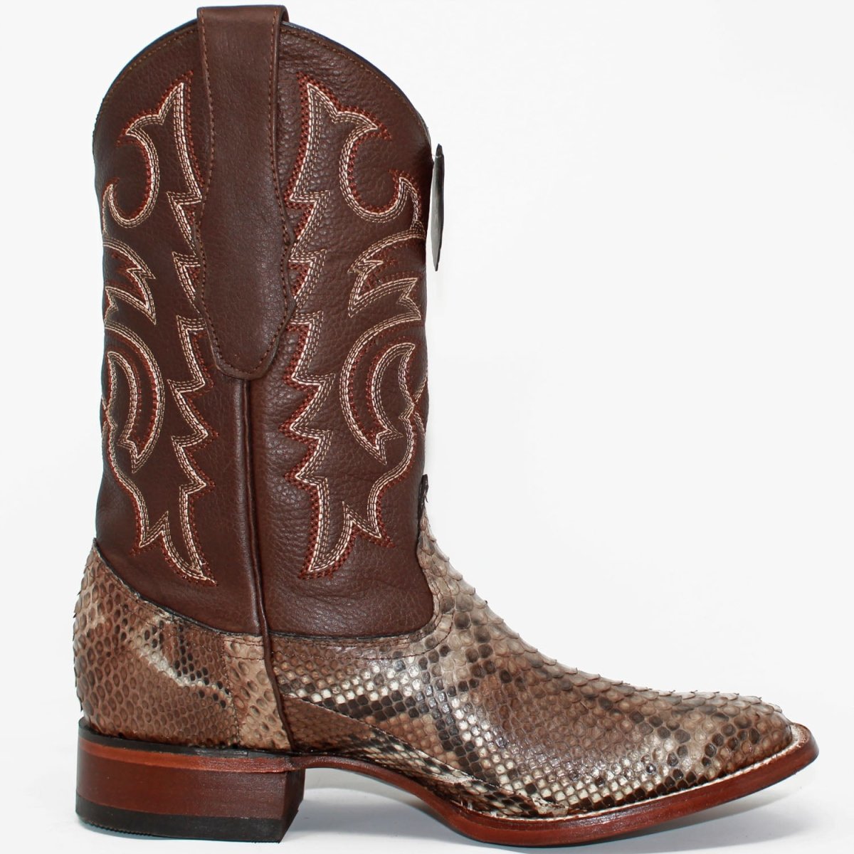 Western Genuine Python Square Wide Toe Rodeo Boots Rustic Brown Color – Los Altos Boots – Right Side View
