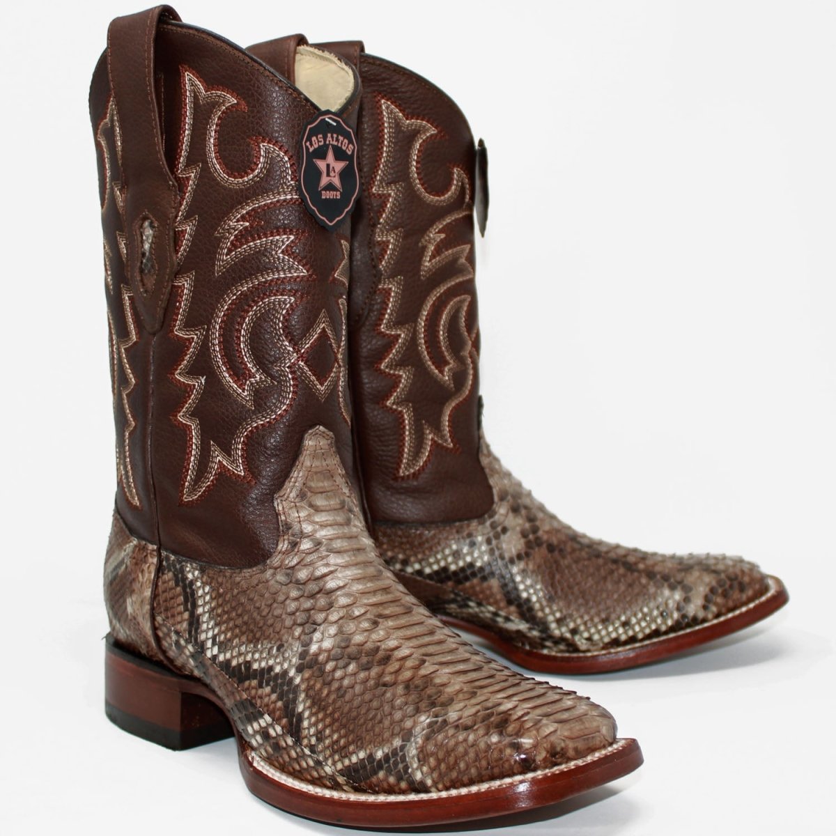 Western Genuine Python Square Wide Toe Rodeo Boots Rustic Brown Color – Los Altos Boots – Pair Side View