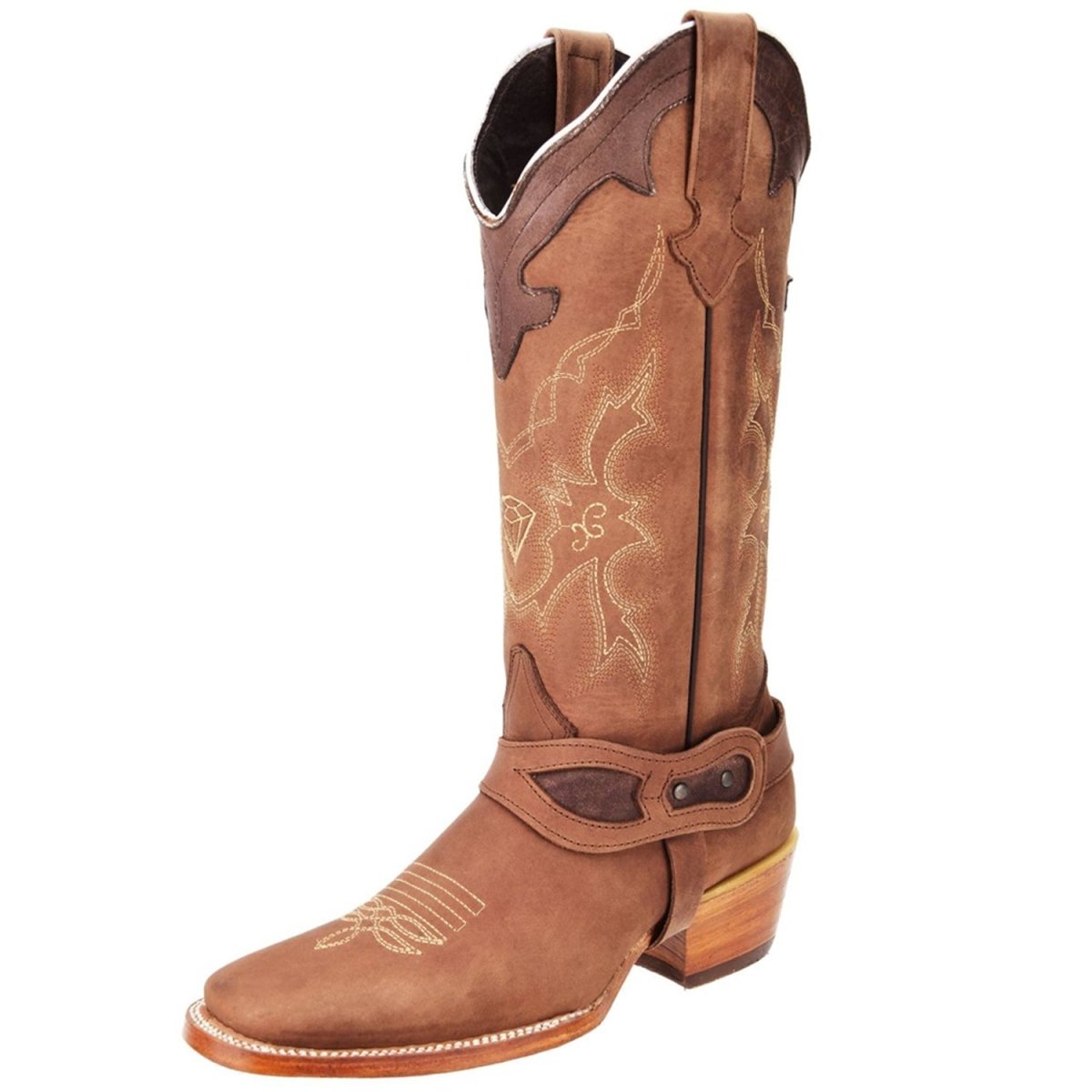Botas de Tubo Alto de Cuero Horma Rodeo para Mujer Color Cafe WD-517 - White Diamonds Boots