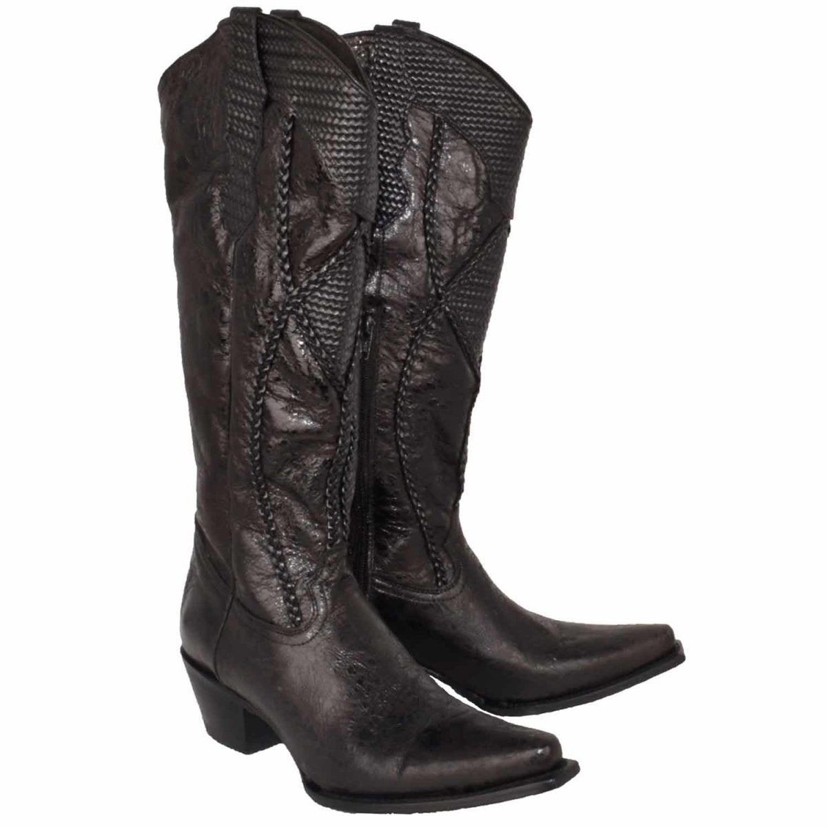 Botas de Tubo Alto de Cuero Horma Sonora para Mujer Color Negro Rustico WD-525 - White Diamonds Boots