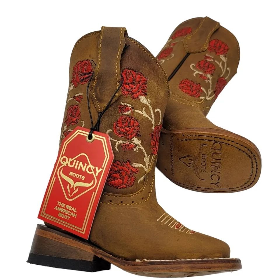 Quincy Original leather girls western boots with embroidered res flowers. Handmade cowgirl boots made of Original cowhide excellent quality and style for your little girl.