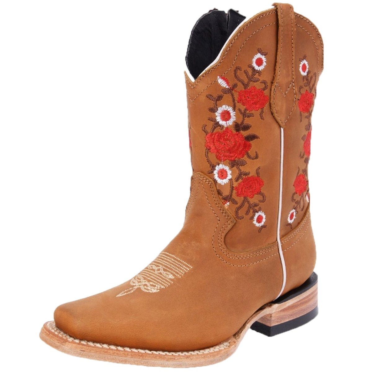 Botas para Niña de Cuero Nobuck Horma Rodeo Color Miel y Flor Roja WD-390 - White Diamonds Boots