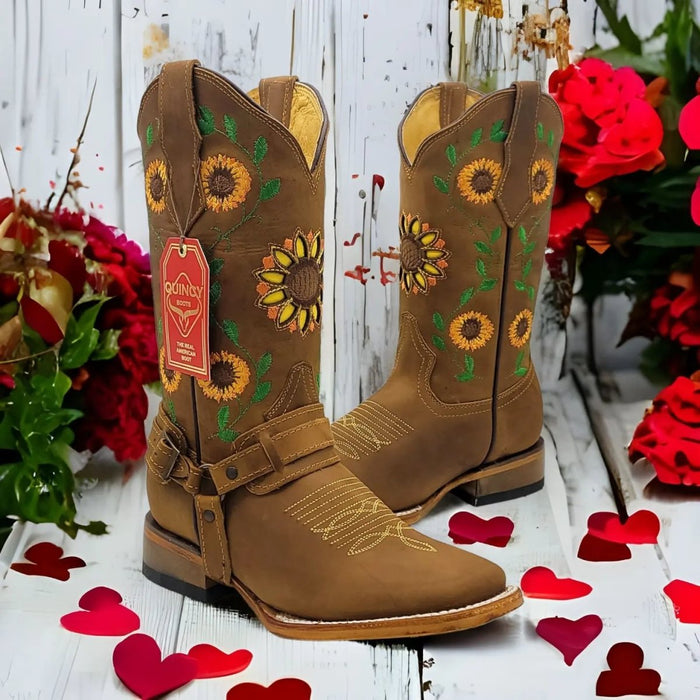 Botas Vaqueras de Cuero con Girasoles para Mujer en Horma Rodeo Q322GL6251 - Quincy Boots