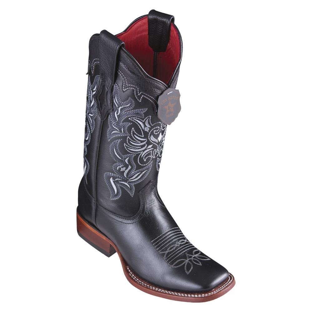 Western genuine Vergel Leather Wide Square Toe Female Boots Black Color - Los Altos Boots Side View