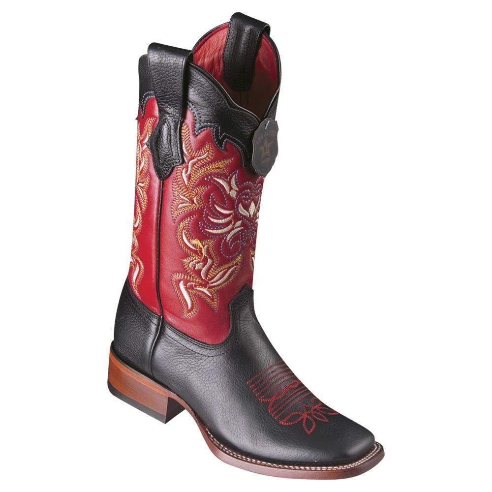 Western genuine Grisly Leather Wide Square Toe Female Boots Black/Red Color - Los Altos Boots Side View