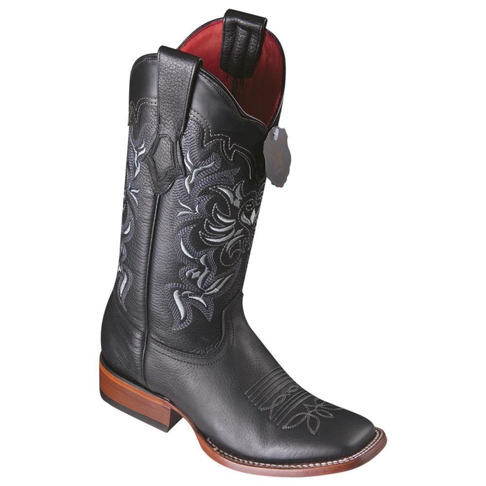 Western genuine Grisly Leather Wide Square Toe Female Boots Black Color - Los Altos Boots Side View