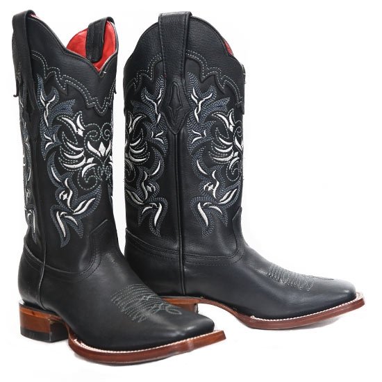 Western genuine Vergel Leather Wide Square Toe Female Boots Black Color - Los Altos Boots Pair View