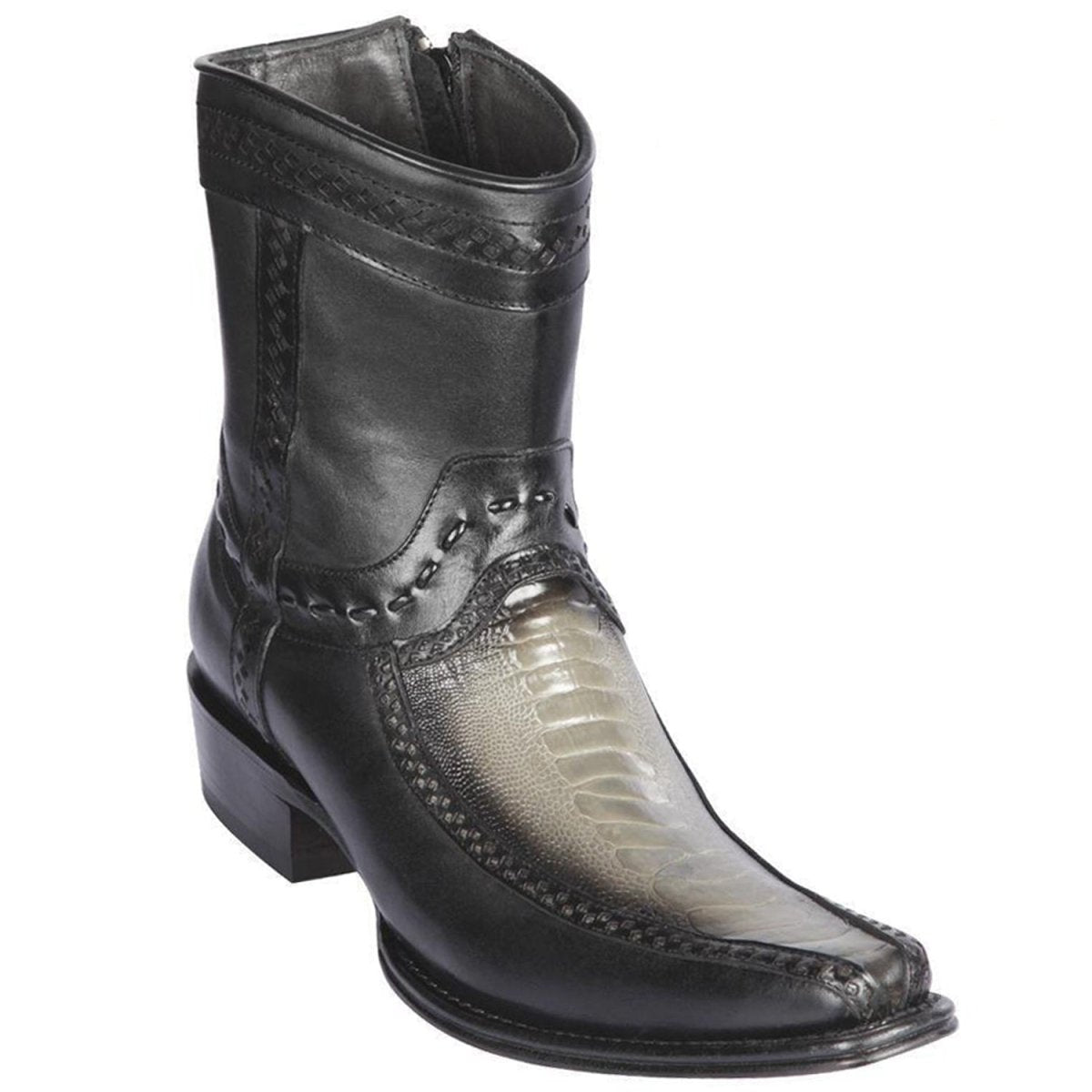 Western Genuine Ostrich Leg European Square Toe Short Boots in Faded Gray Color - Los Altos boots Side View