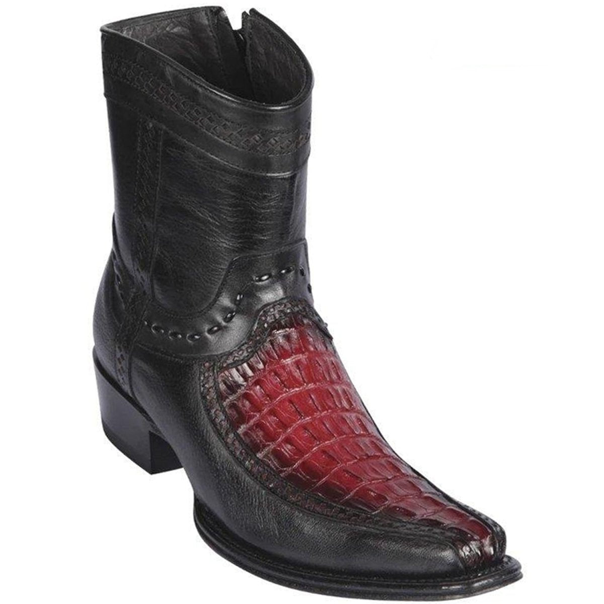 Western Genuine Caiman Tail and Deer European Square Toe Short Boots Faded Burgundy Color - Los Altos Boots Side View
