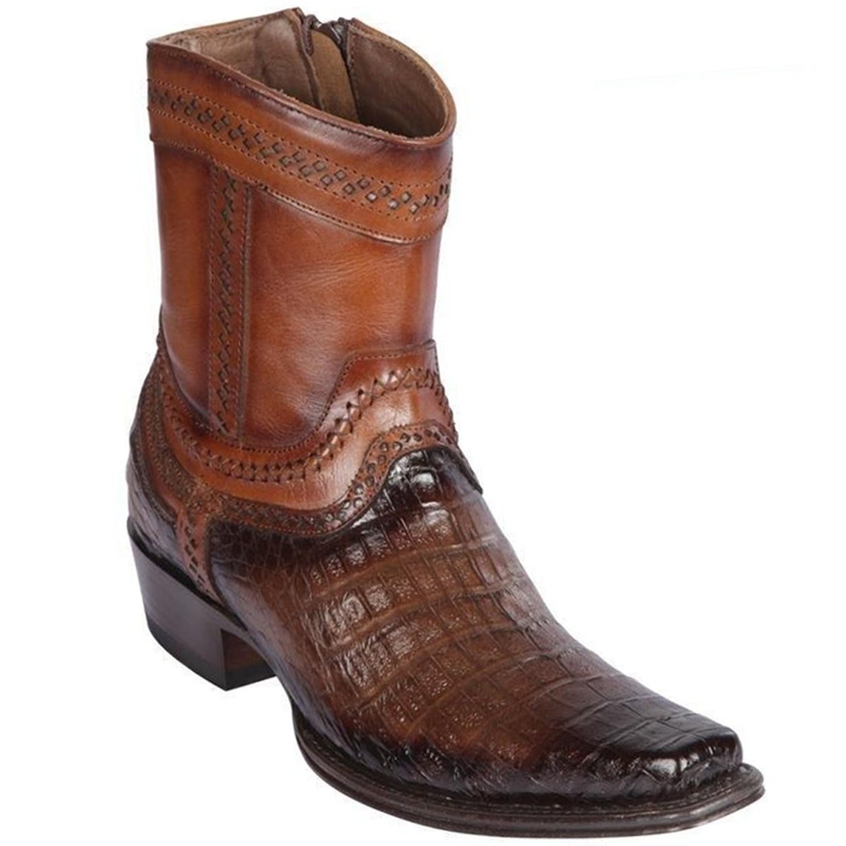 Western Genuine Crocodile Caiman Belly European Square Toe Short Boots Faded Brown Color – Los Altos Boots – Side View