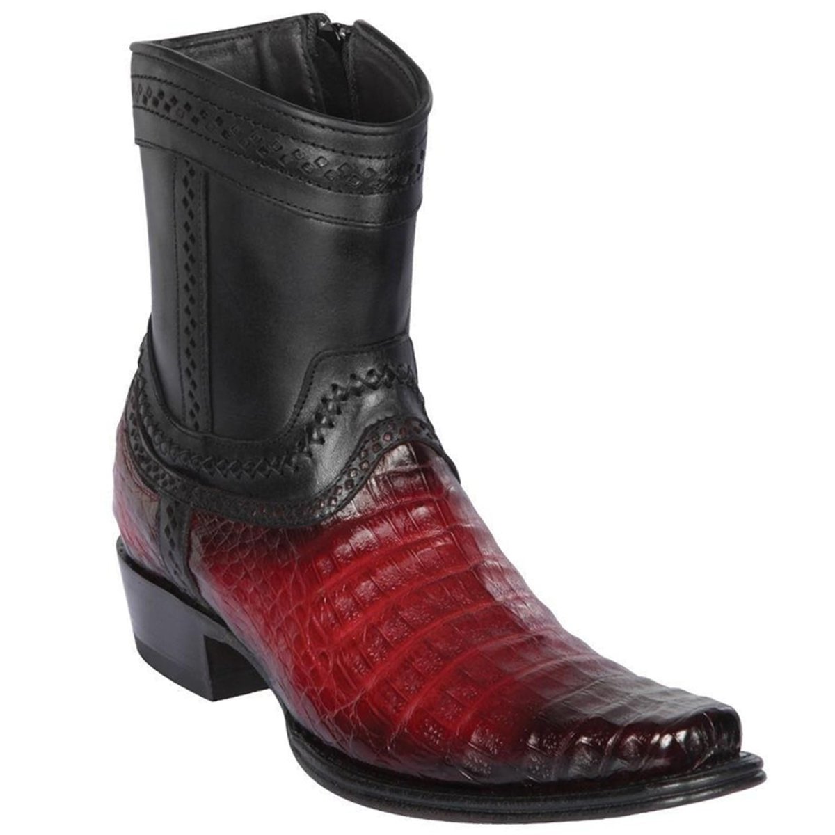 Western Genuine Crocodile Caiman Belly European Square Toe Short Boots Faded Burgundy Color – Los Altos Boots – Side View