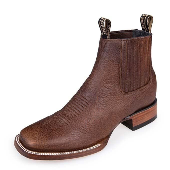 Western Genuine Leather Wide Square Toe Ankle Boots Walnut Color - Los Altos Boots Side View