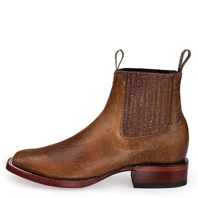 Western Genuine Leather Wide Square Toe Ankle Boots Light Brown Color - Los Altos Boots - Left Side View