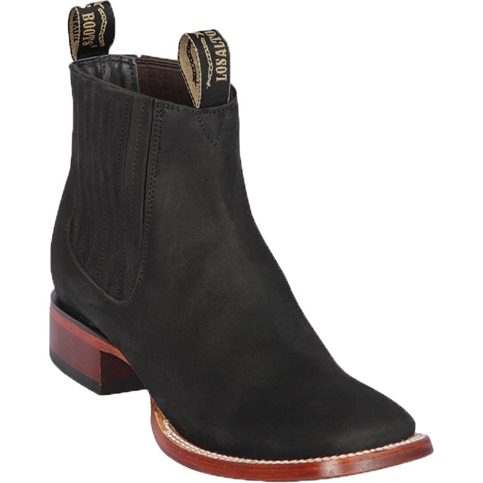 Western Genuine Suede Square Wide Toe Ankle Boots Black Color – Los Altos Boots – Side View