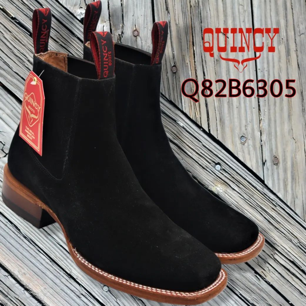 Botin Charro Quincy de Gamuza con Punta Cuadrada Negro Q82B6305 - Quincy Boots