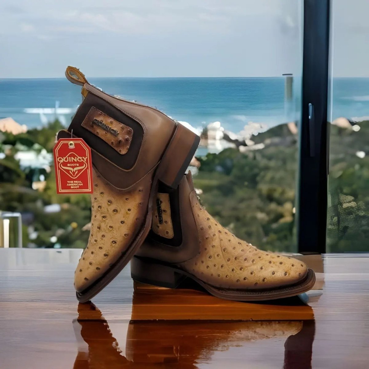 Botin de Avestruz Grabado con Punta Cuadrada Q82B0311 - Quincy Boots