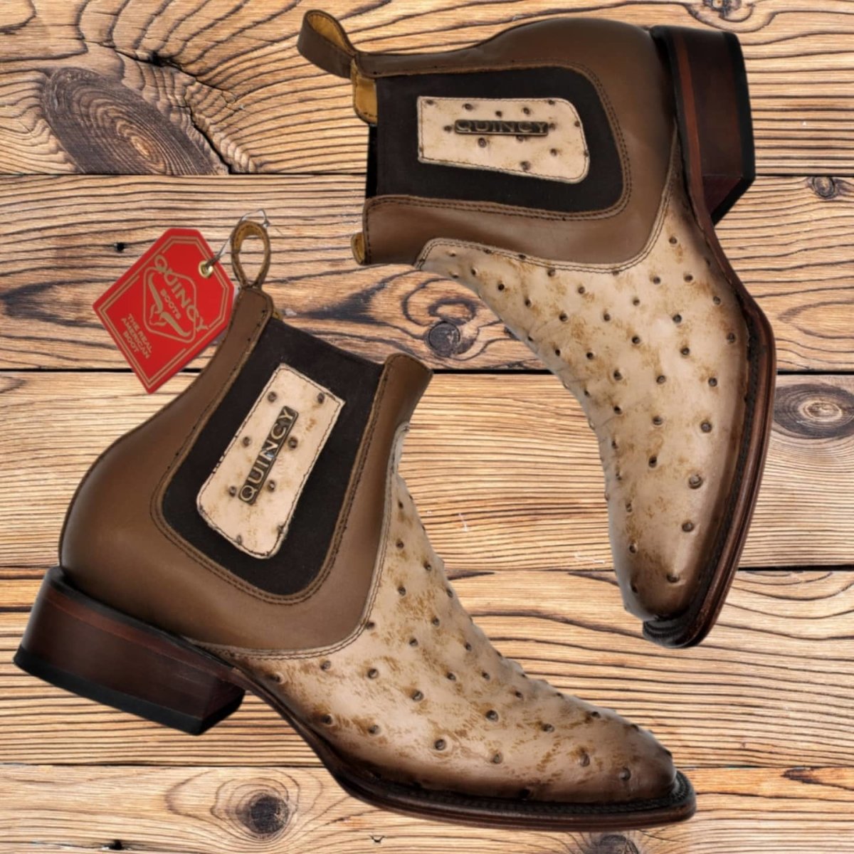 Botin de Avestruz Grabado con Punta Cuadrada Q82B0311 - Quincy Boots