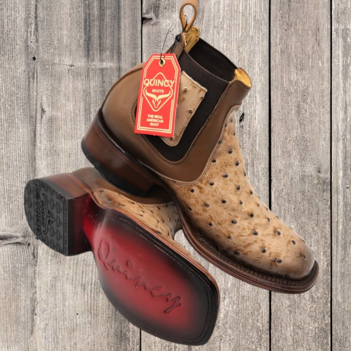 Botin de Avestruz Grabado con Punta Cuadrada Q82B0311 - Quincy Boots