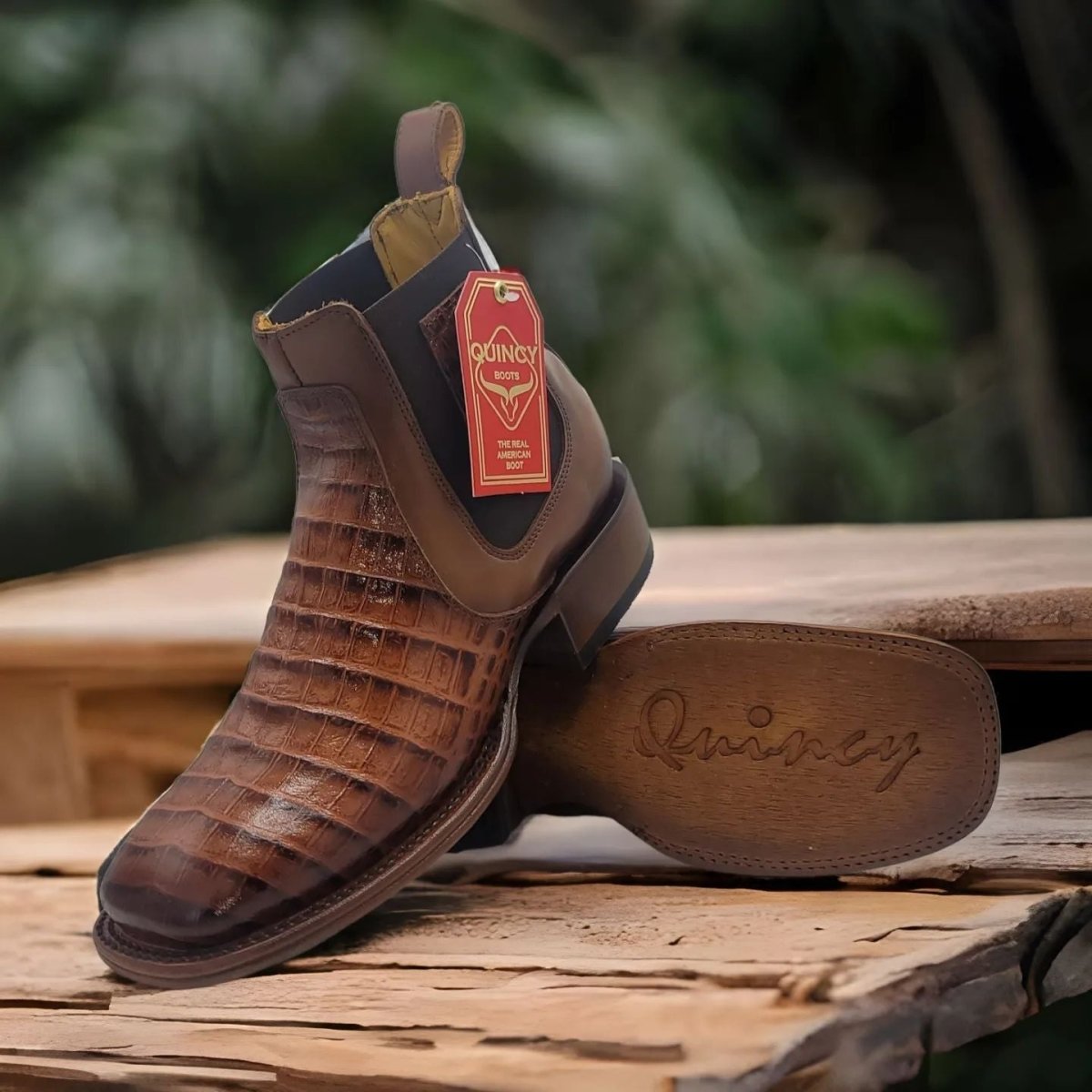 Botas de Cola de Cocodrilo Punta Rodeo Cuadrada Color Cognac