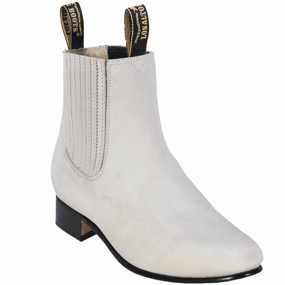 Western Genuine Leather Round Toe Bone Color Ankle Boots - Los Altos Boots - Side View
