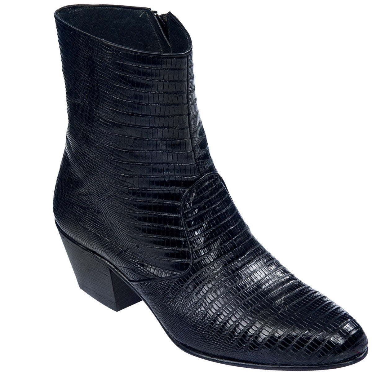 Genuine Teju Lizard Pointed Toe Ankle Boots with Zipper Black Color – Los Altos Boots – Side View