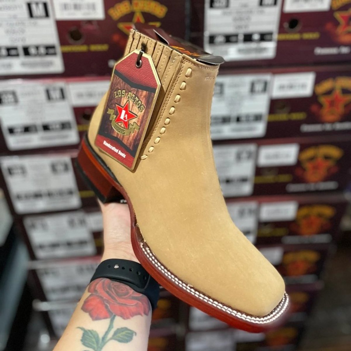 Western Genuine Nobuck Wide Square Toe Ankle Boots Oryx Color - Los Altos Boots Side View