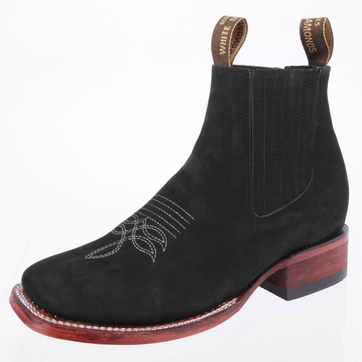 Botines Charros Punta Cuadrada de Gamuza (Nobuck) Color Negro WD-744 - White Diamonds Boots