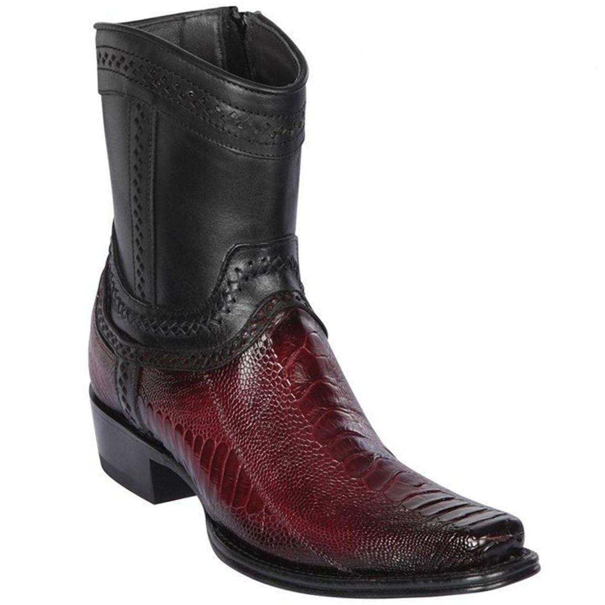 Western Genuines Ostrich Leg European Square Toe Short Boots Faded Brugundy Color - Los Altos Boots Side View