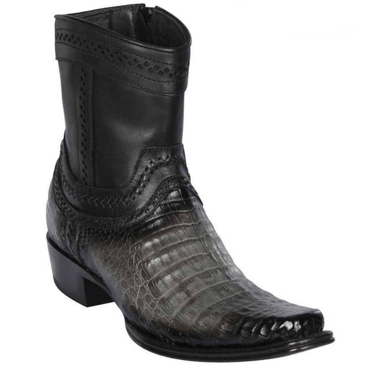 Western Genuine Crocodile Caiman Belly European Square Toe Short Boots Faded Gray Color – Los Altos Boots – Side View