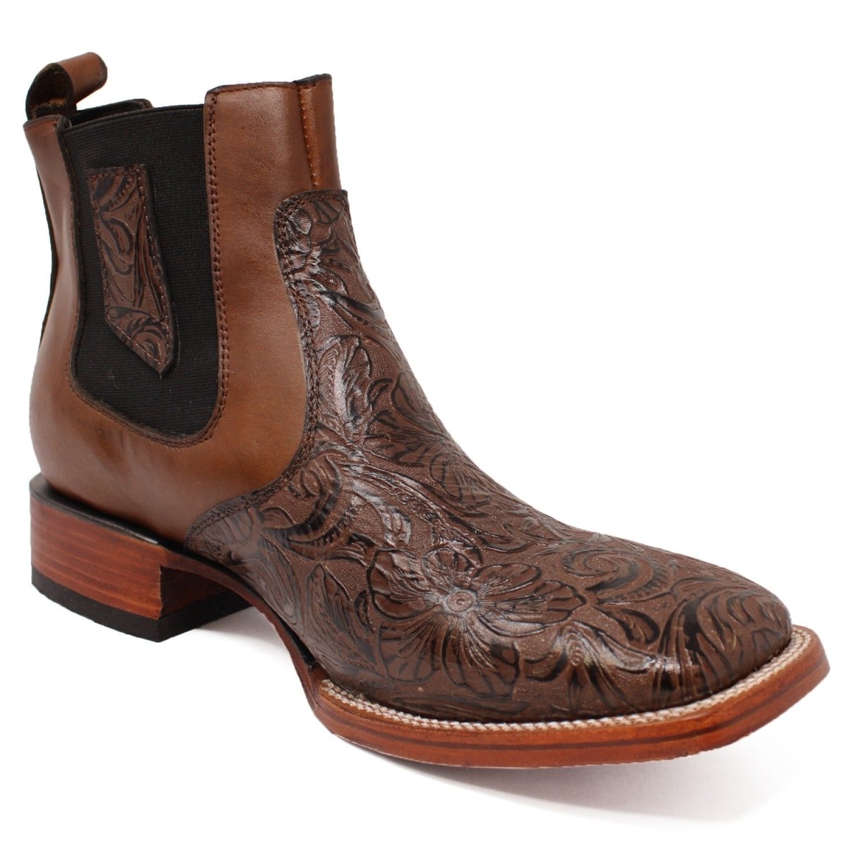 Botines de Cuero Cincelado Punta Cuadrada Color Cafe - A & A Boots