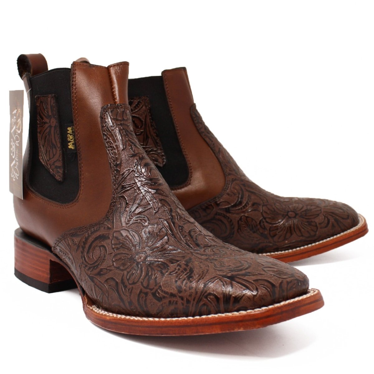Botines de Cuero Cincelado Punta Cuadrada Color Cafe - A & A Boots