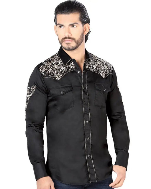Camisa Vaquera Bordada para Hombre Lamasini Color Negro-Khaki LAM-2204K - Lamasini Jeans